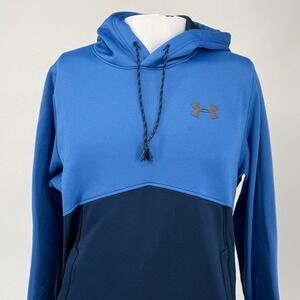 Under Armour Mens ColdGear Hoodie Blue Colorblock Loose Fit Sweatshirt Small